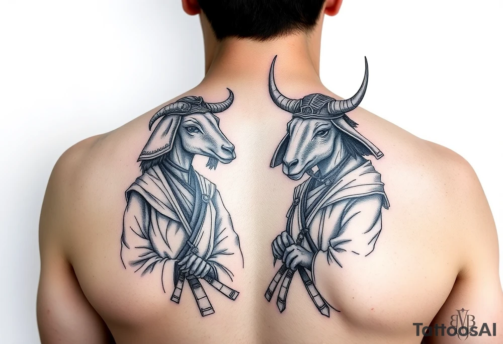 goat and ox dressed up as female samurai warriors tattoo idea
