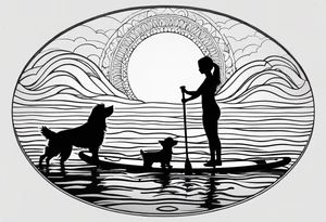 Silhouette of girl and little yorkie standing paddle boarding. Minimalist. Circle sun water one line tattoo idea