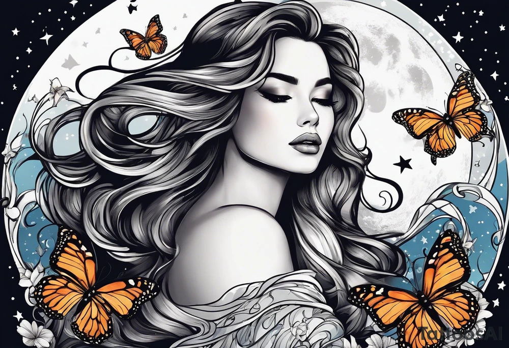 Beautiful woman with butterflies in her long wavy hair sitting on a half moon, with a moon and star background tattoo idea