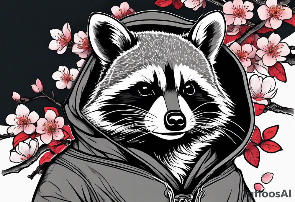Raccoon wearing a Superman hoodie and Japanese cherry blossoms tattoo idea