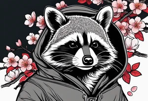 Raccoon wearing a Superman hoodie and Japanese cherry blossoms tattoo idea