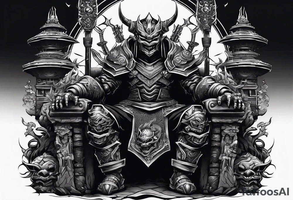 Angry robot demon ninja with demon mask sitting on his throne tattoo idea