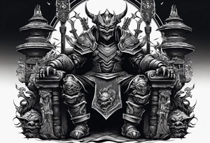 Angry robot demon ninja with demon mask sitting on his throne tattoo idea