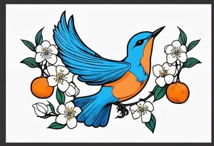 flying bluebird holding orange blossom branch with white blossoms and no fruit tattoo idea
