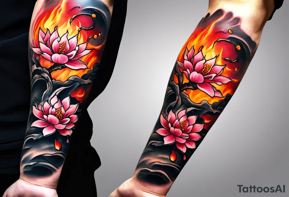 men's tattoo, on all forearms, sakura on one side of the forearm, on the other side of the forearm there is sakura, but on fire tattoo idea