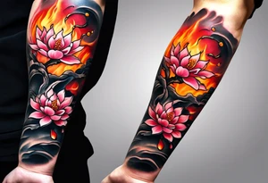 men's tattoo, on all forearms, sakura on one side of the forearm, on the other side of the forearm there is sakura, but on fire tattoo idea