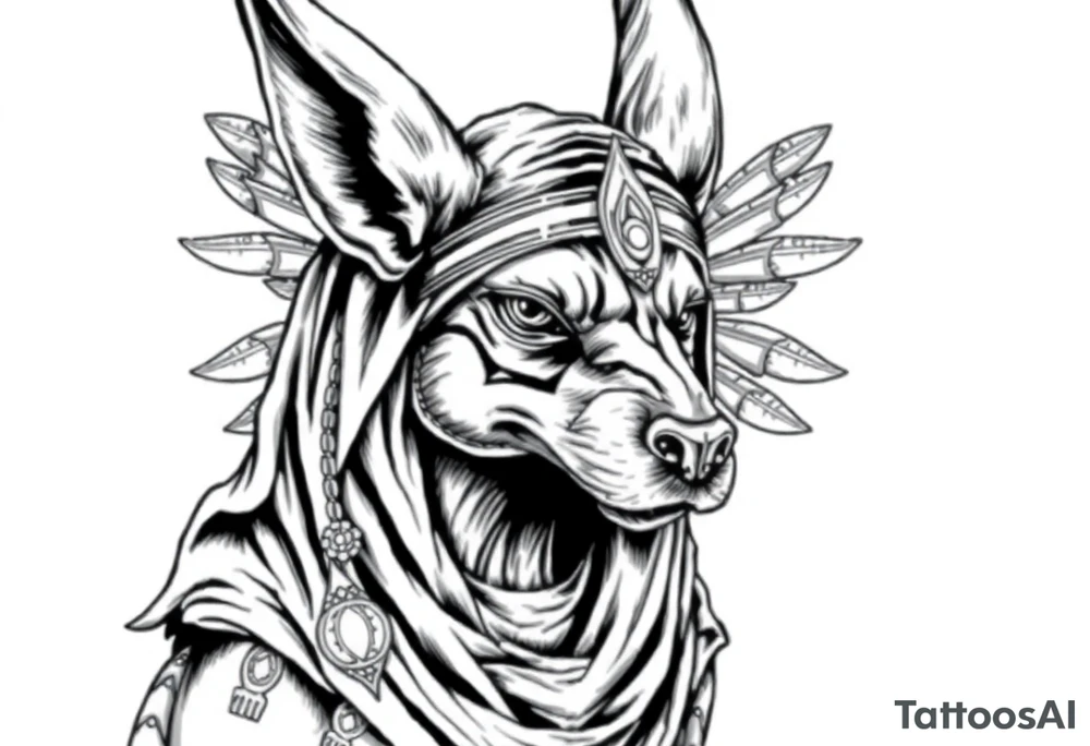 Egyptian Anubis god face muscle in Egypt style  with scarf on head

dog face surrounded Egyptian symbols based on elements tattoo idea