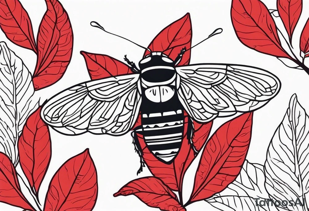 cicada on top of red leaves tattoo idea
