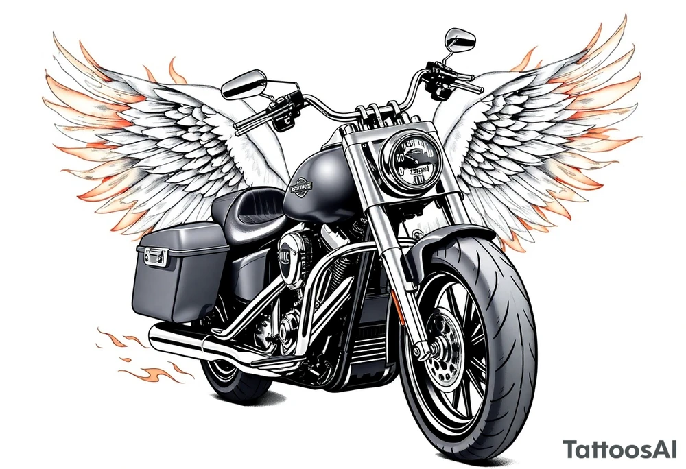 Harley grey motorcycle driving away, flames, angel wings tattoo idea
