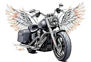 Harley grey motorcycle driving away, flames, angel wings tattoo idea