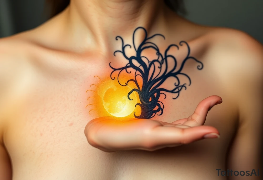 A soft golden light, spilling from an open hand, contrasting with shadowy black tendrils emerging from the other hand, representing a battle between inner purity and external corruption. The light is depicted in radiant yellows, while the dark side uses deep blues and blacks. tattoo idea