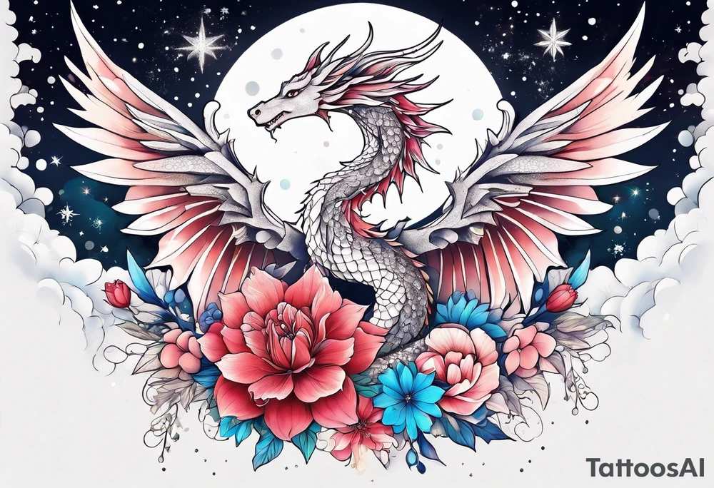 Constellation, wing , snow , cross , dragon female japan kawaii , flower tattoo idea