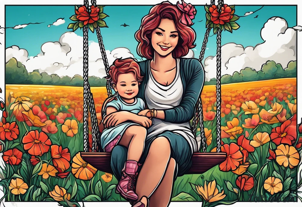 Mom with son and daughter on a swing in the distance in a field of flowers tattoo idea