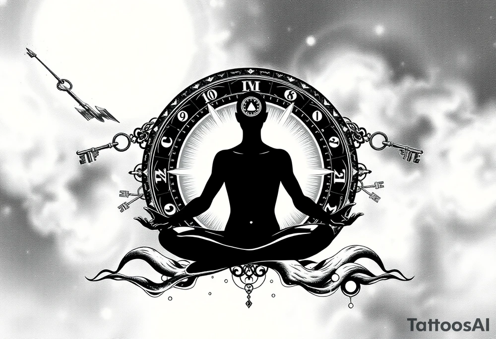 a figure - just a shadow /outline sitting in cross cross position meditating based on the lyrics “doing time in the universal mind” by the doors - with a psychedelic trippy background that correlates to TIME as the meditation expands out from his head into the universe / cosmos . the phrase TURNING KEYS and setting people free needs to be worked in there… flying keys? tattoo idea