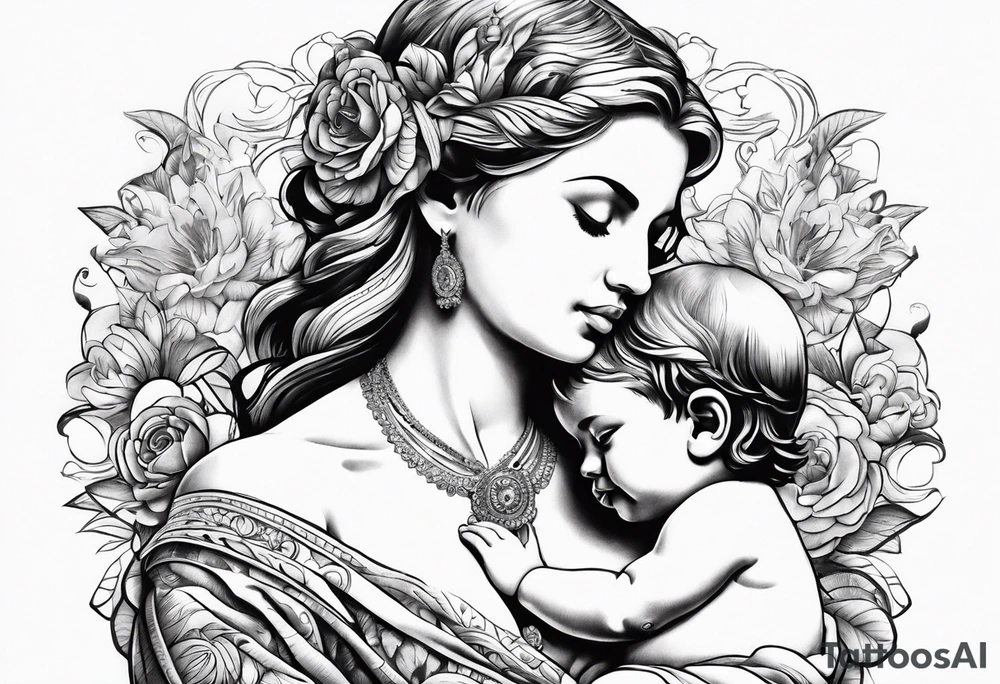 chest tattoo : 
mom and baby son statue tattoo idea