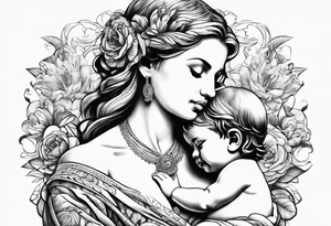 chest tattoo : 
mom and baby son statue tattoo idea