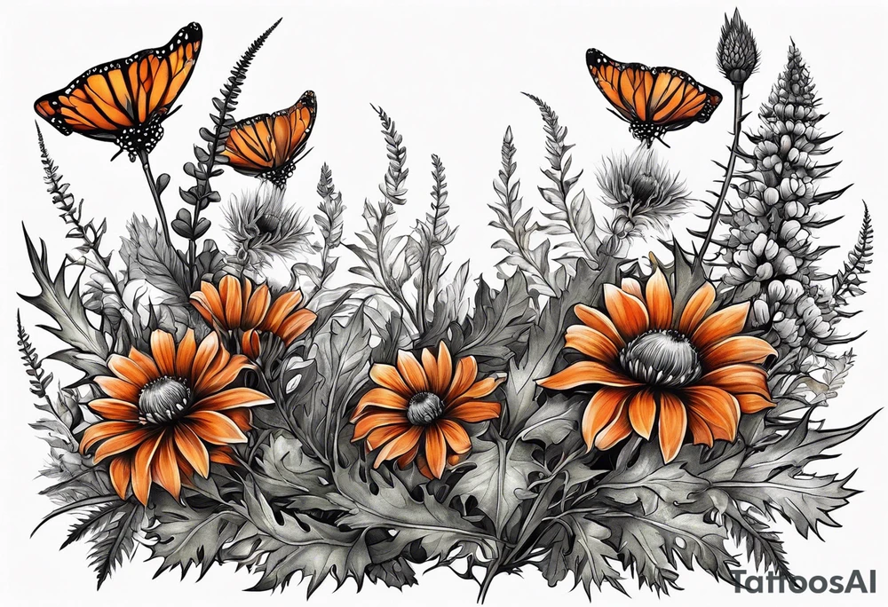 wildflower horizontal with thistles, ferns, burnt orange flowers in color tattoo idea