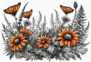 wildflower horizontal with thistles, ferns, burnt orange flowers in color tattoo idea