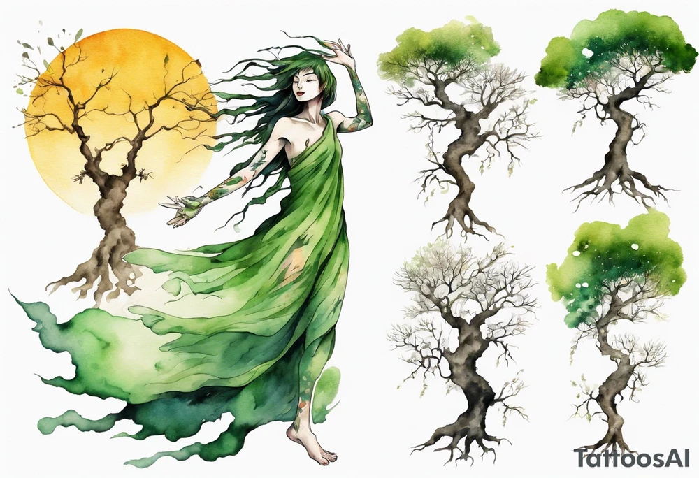 A tree woman with green eyes with branch arms reaching up towards the sun and feet planted in the soil tattoo idea