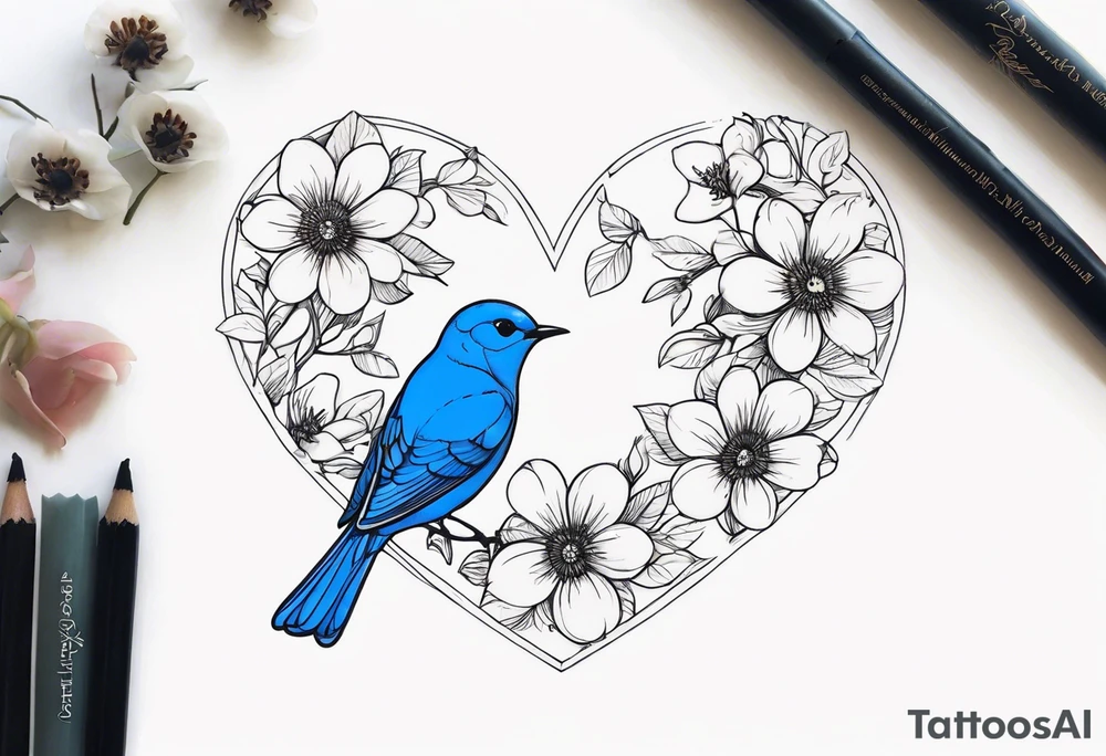 flowers bluebird bees heart shapes wrapped around a spine tattoo idea