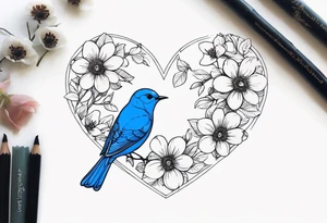 flowers bluebird bees heart shapes wrapped around a spine tattoo idea