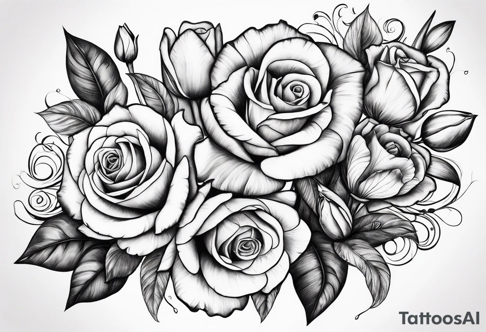 Roses and tulips with decorative swirls tattoo idea