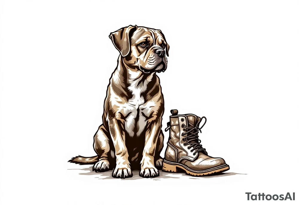 Loyal Companion Design – A calm Stafford sitting beside a pair of worn boots, symbolizing loyalty. Done in sepia tones with muted brown accents. tattoo idea