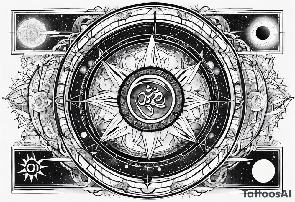 elements of nature and engineering in solar system with OM symbol in center tattoo idea