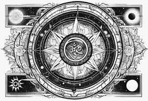elements of nature and engineering in solar system with OM symbol in center tattoo idea