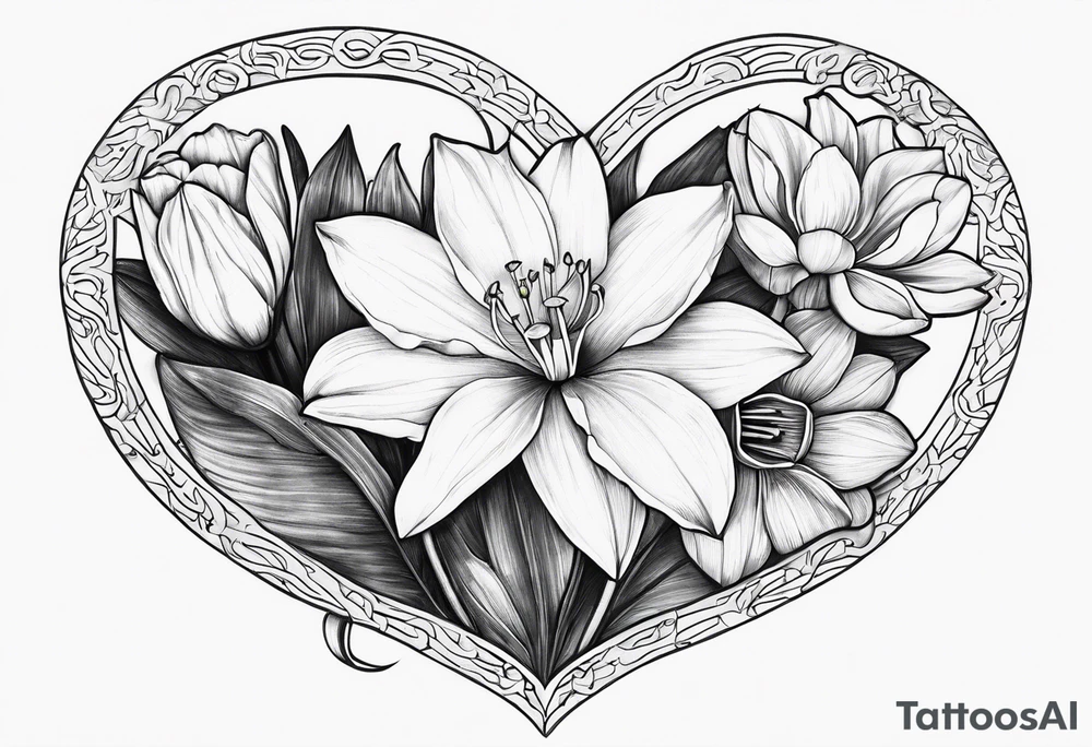 A daffodil a water lily and a morning glory in a heart tattoo idea