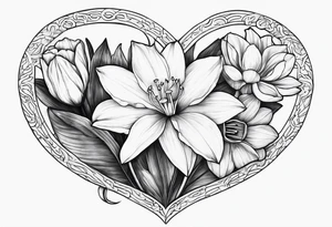 A daffodil a water lily and a morning glory in a heart tattoo idea
