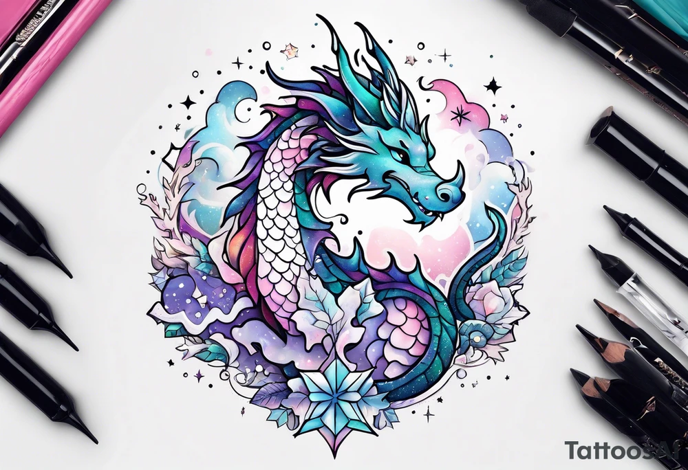 Constellation, kawaii dragon, snowflake tattoo idea