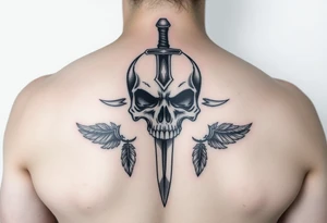 Half sleeve skull design with dagger and feathers tattoo idea