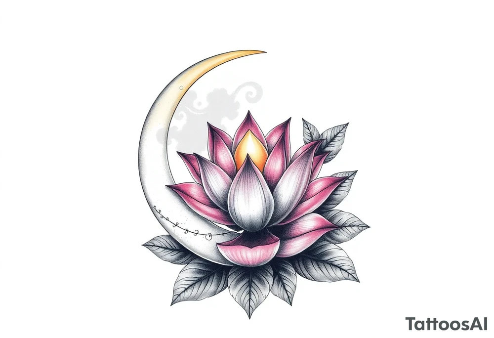 crescent floral moon with lotus flower glowing tattoo idea