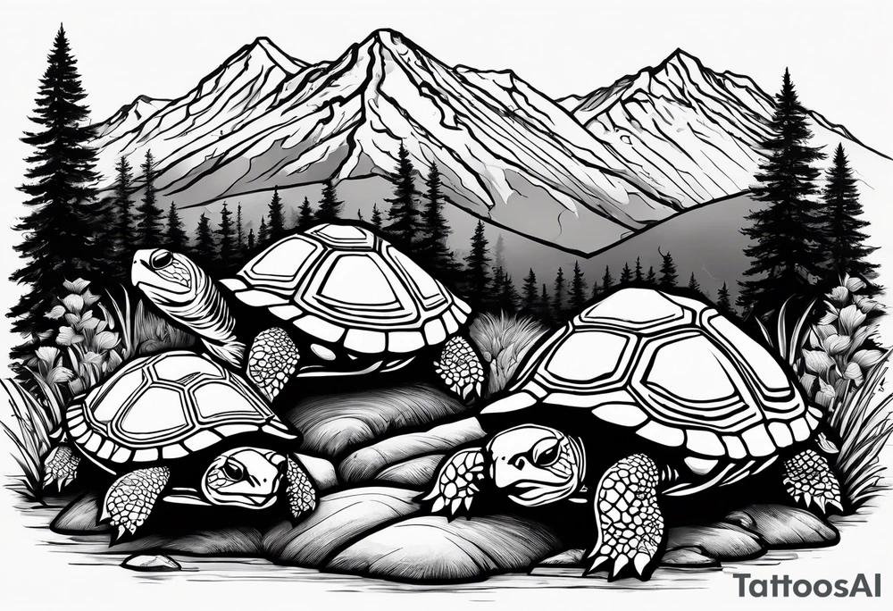 Wasatch Mountain scape, Honda three wheeler and four turtles watching from the path tattoo idea