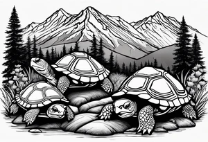 Wasatch Mountain scape, Honda three wheeler and four turtles watching from the path tattoo idea
