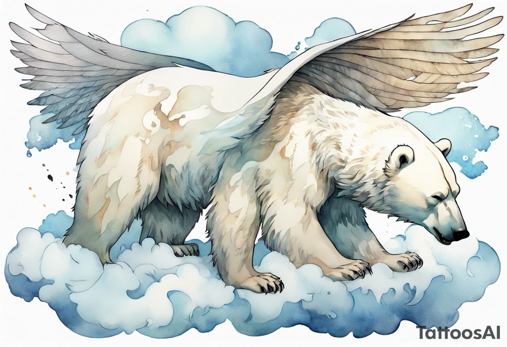 a winged polar bear, standing on clouds with wind pouring from his mouth tattoo idea