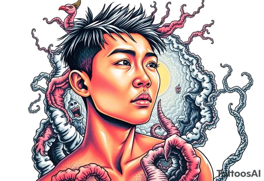 Handsome Asian young guy lost in a cursed labyrinth tattoo idea