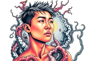 Handsome Asian young guy lost in a cursed labyrinth tattoo idea