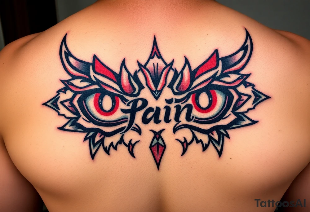 The Nagatto'rinneggan just the eyes with a word writed "Pain" in japanese tattoo idea