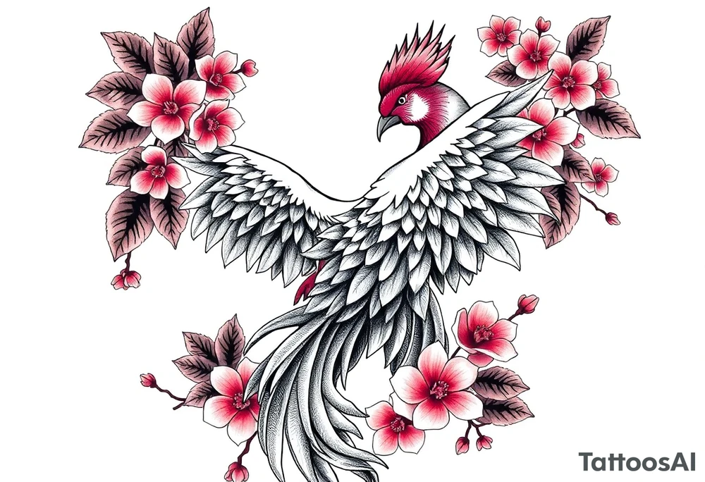 powerful majestic japanese phenix surrounded by marple leaf and cherry blossom tattoo idea