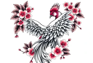 powerful majestic japanese phenix surrounded by marple leaf and cherry blossom tattoo idea