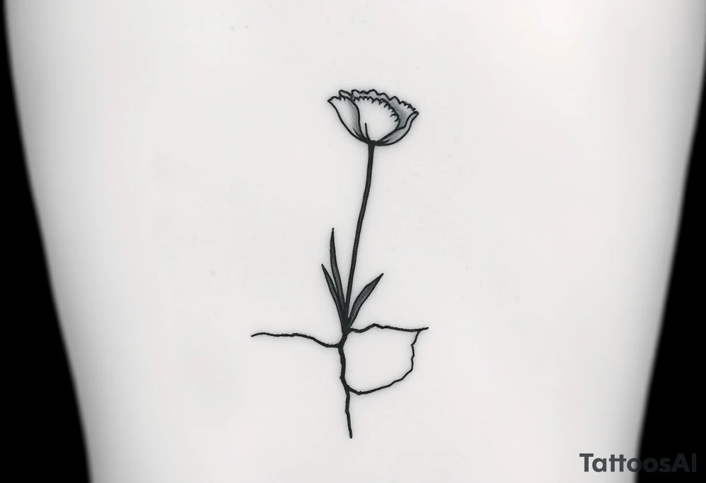 Simple line drawing style poppy growing up from cracks in pavement watercolor coloring on poppy only back of ankle/heel or back of upper arm, more artistic rendering of cracks, very minimal/simplistic design tattoo idea