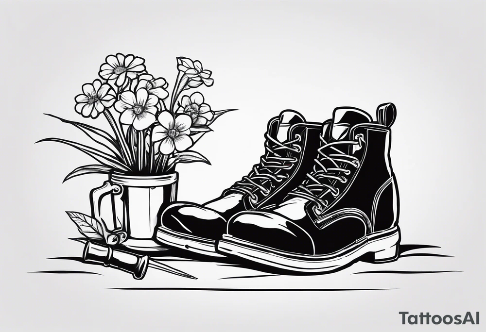 dads work boots sitting with tools and a beer behind or near it and flowers growing out of the boots. tattoo idea