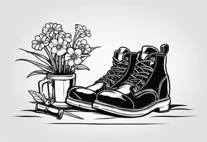 dads work boots sitting with tools and a beer behind or near it and flowers growing out of the boots. tattoo idea