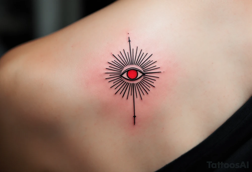 A minimalist Kolovrat symbol in deep crimson ink, centered between the eyebrows like a spiritual third eye, with thin black ornamental lines radiating outward across the forehead like sunbeams. tattoo idea