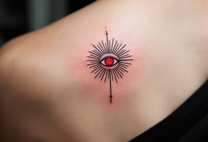 A minimalist Kolovrat symbol in deep crimson ink, centered between the eyebrows like a spiritual third eye, with thin black ornamental lines radiating outward across the forehead like sunbeams. tattoo idea