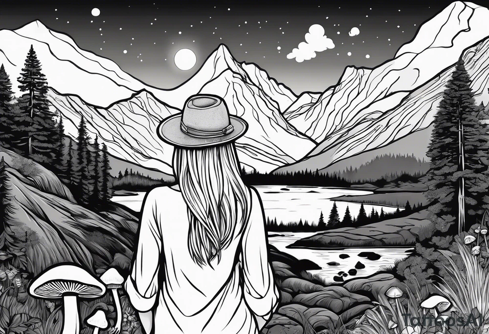 Whole picture encircled fully

Straight long blonde hair hippie girl in distance holding mushrooms in hand facing away toward mountains and creek surrounded by mushrooms long sleeve shirt and hiking pants; whole rendering within a full circle, no cut off circle tattoo idea