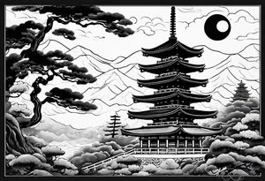 Japanese pagoda guarded by a japanese dragon, black and white colours, portrait mode and a4 size tattoo idea