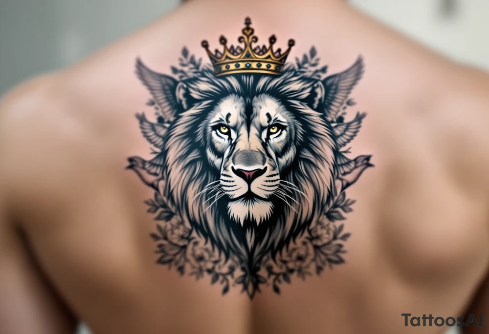 powerful majestic lion with a crown, surrounded by floral ornaments and birds tattoo idea